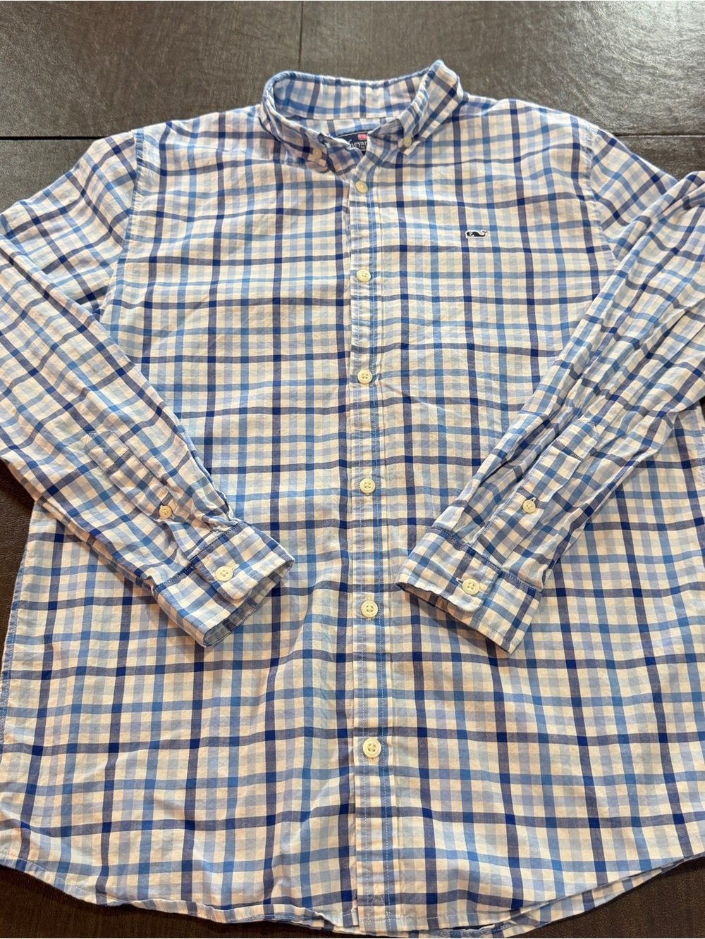 Vineyard Vines Blue Plaid Button-Down Shirt Whale Shirt Boys XL 100 % Cotton
